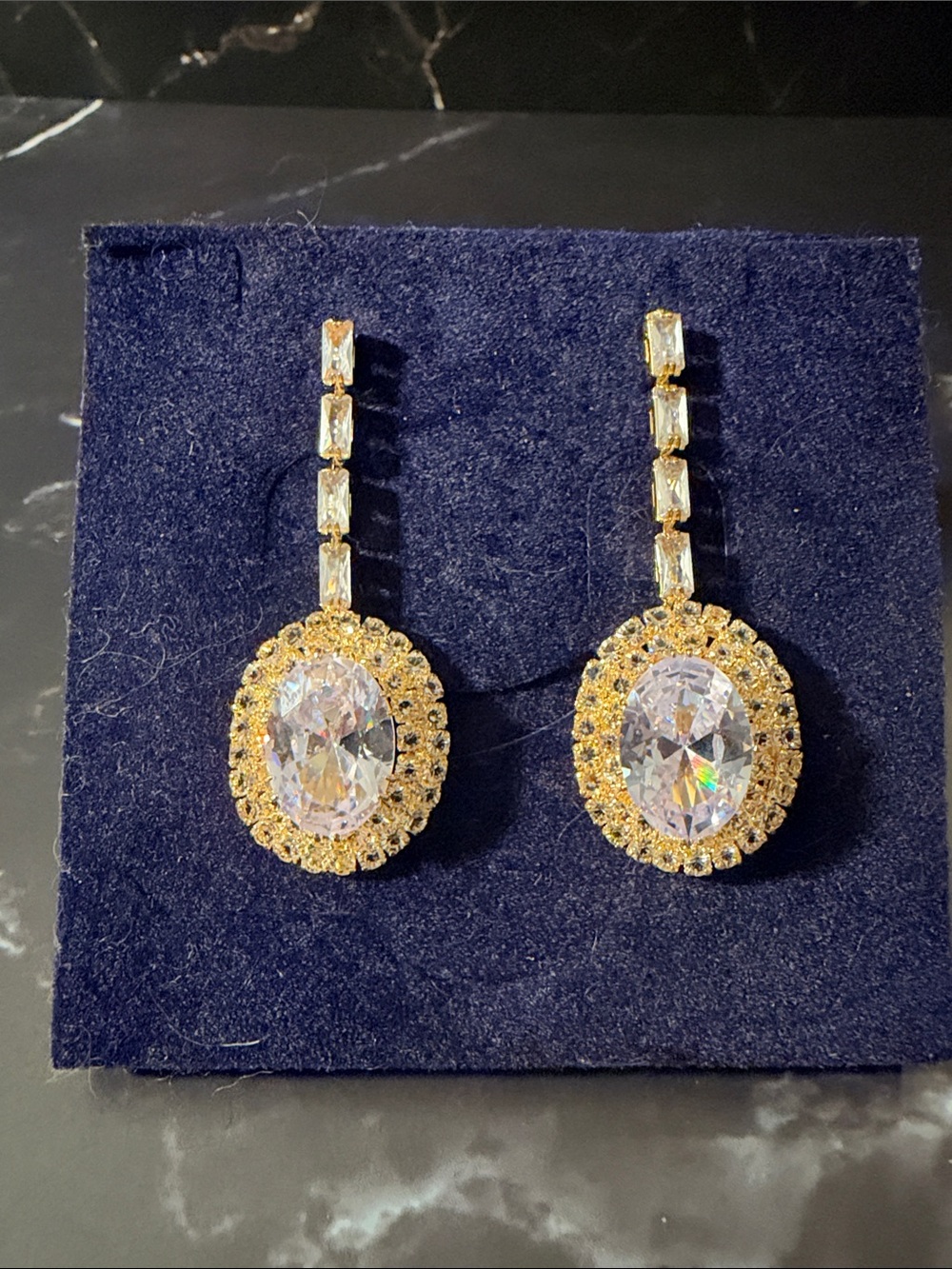 Gold Crystal Gold Oval Earrings with Clear Crystals Drop Earrings